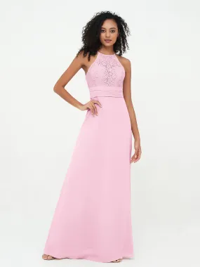 Halter Lace Top and Chiffon Open Back Dresses Candy Pink Plus Size