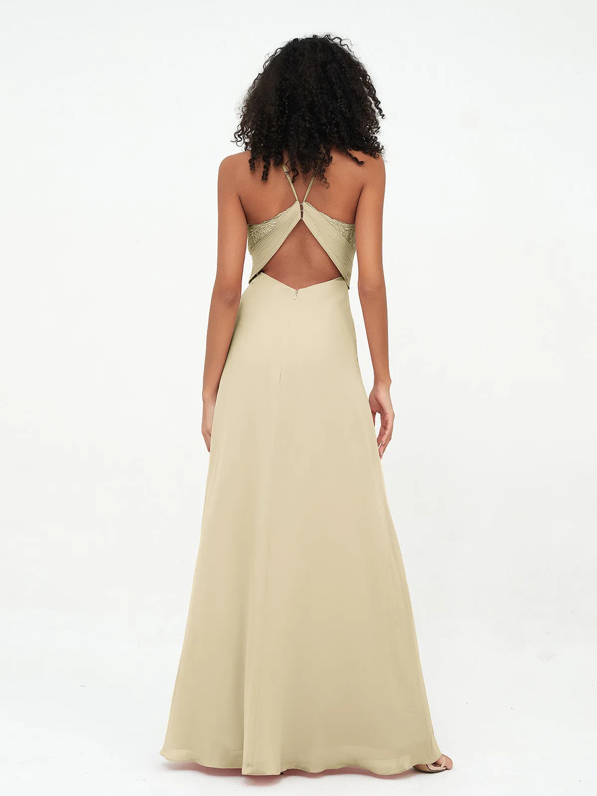 Halter Lace Top and Chiffon Open Back Dresses Champagne Plus Size