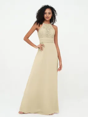 Halter Lace Top and Chiffon Open Back Dresses Champagne Plus Size