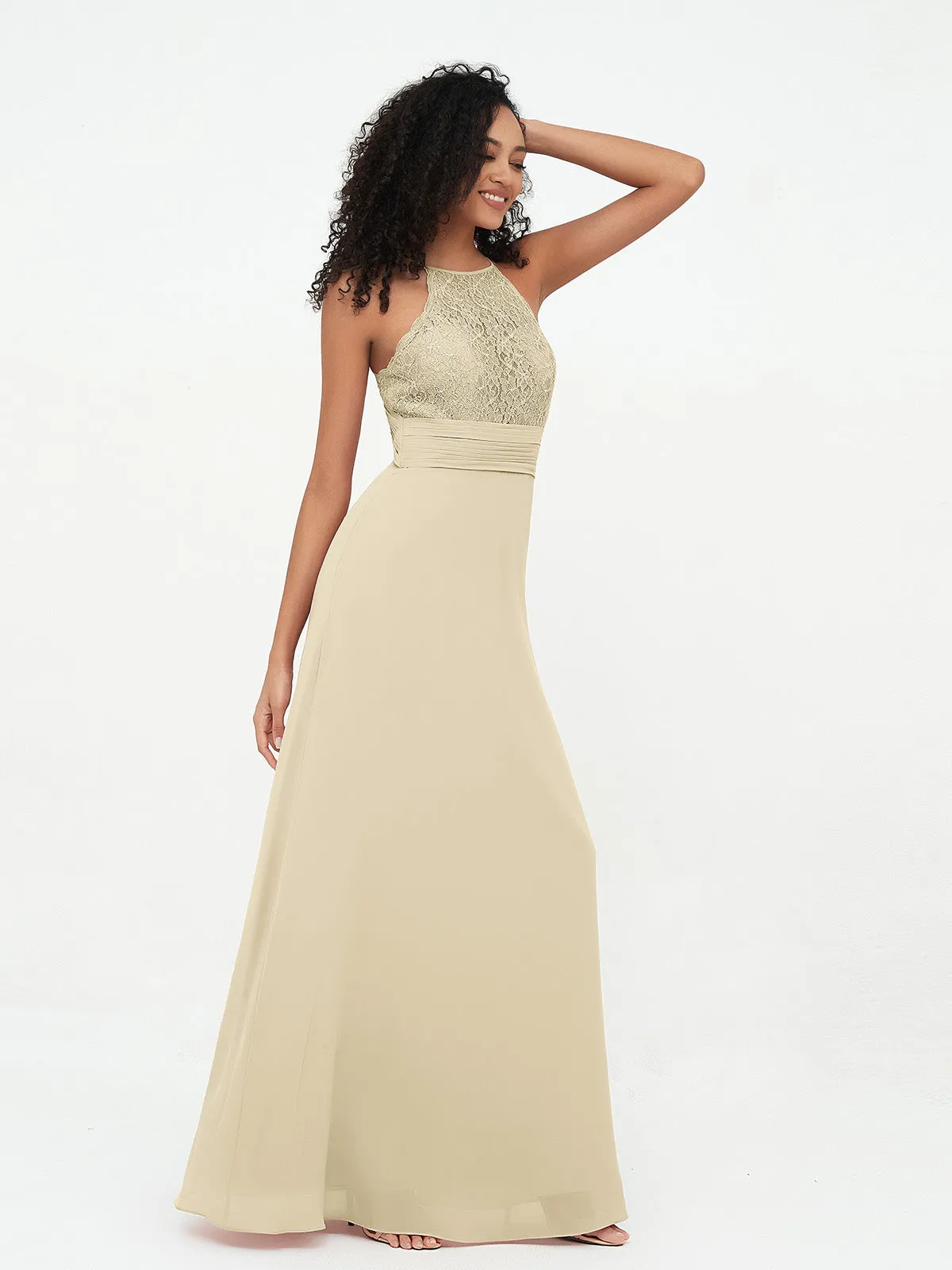 Halter Lace Top and Chiffon Open Back Dresses Champagne Plus Size