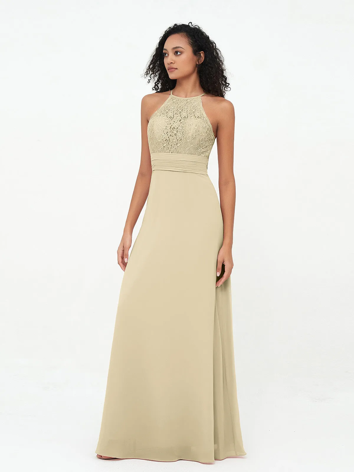 Halter Lace Top and Chiffon Open Back Dresses Champagne Plus Size