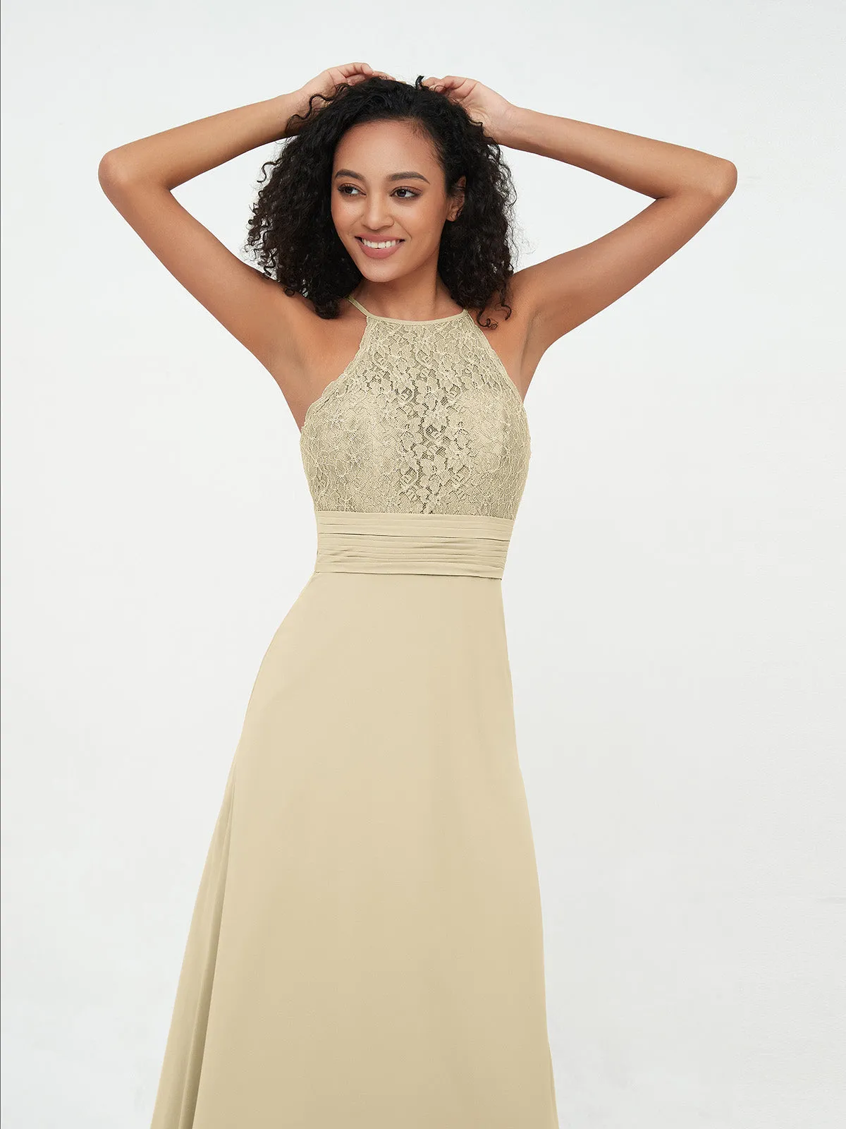 Halter Lace Top and Chiffon Open Back Dresses Champagne Plus Size