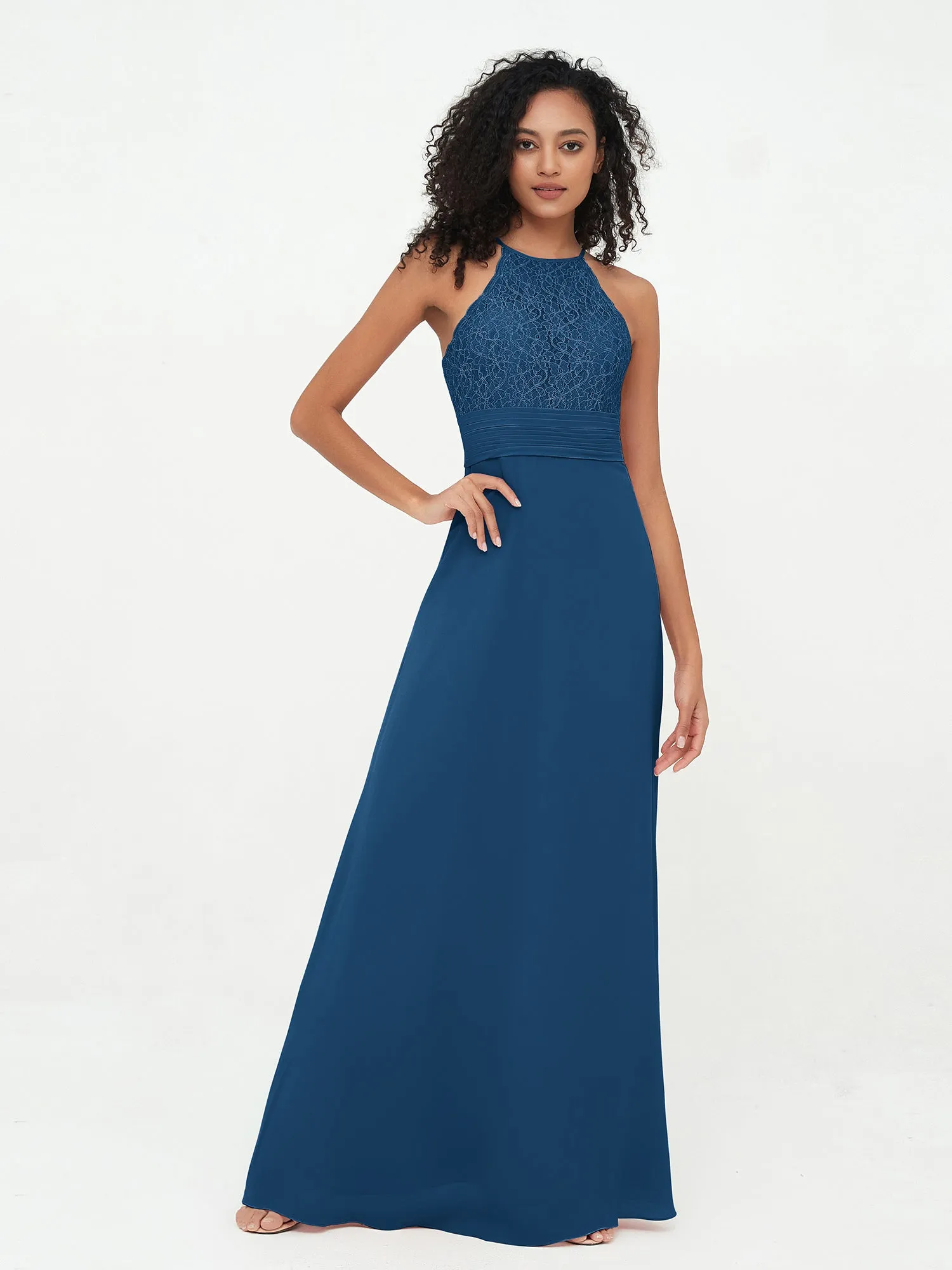 Halter Lace Top and Chiffon Open Back Dresses Ink Blue Plus Size
