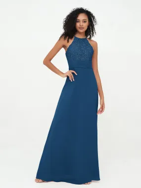 Halter Lace Top and Chiffon Open Back Dresses Ink Blue Plus Size