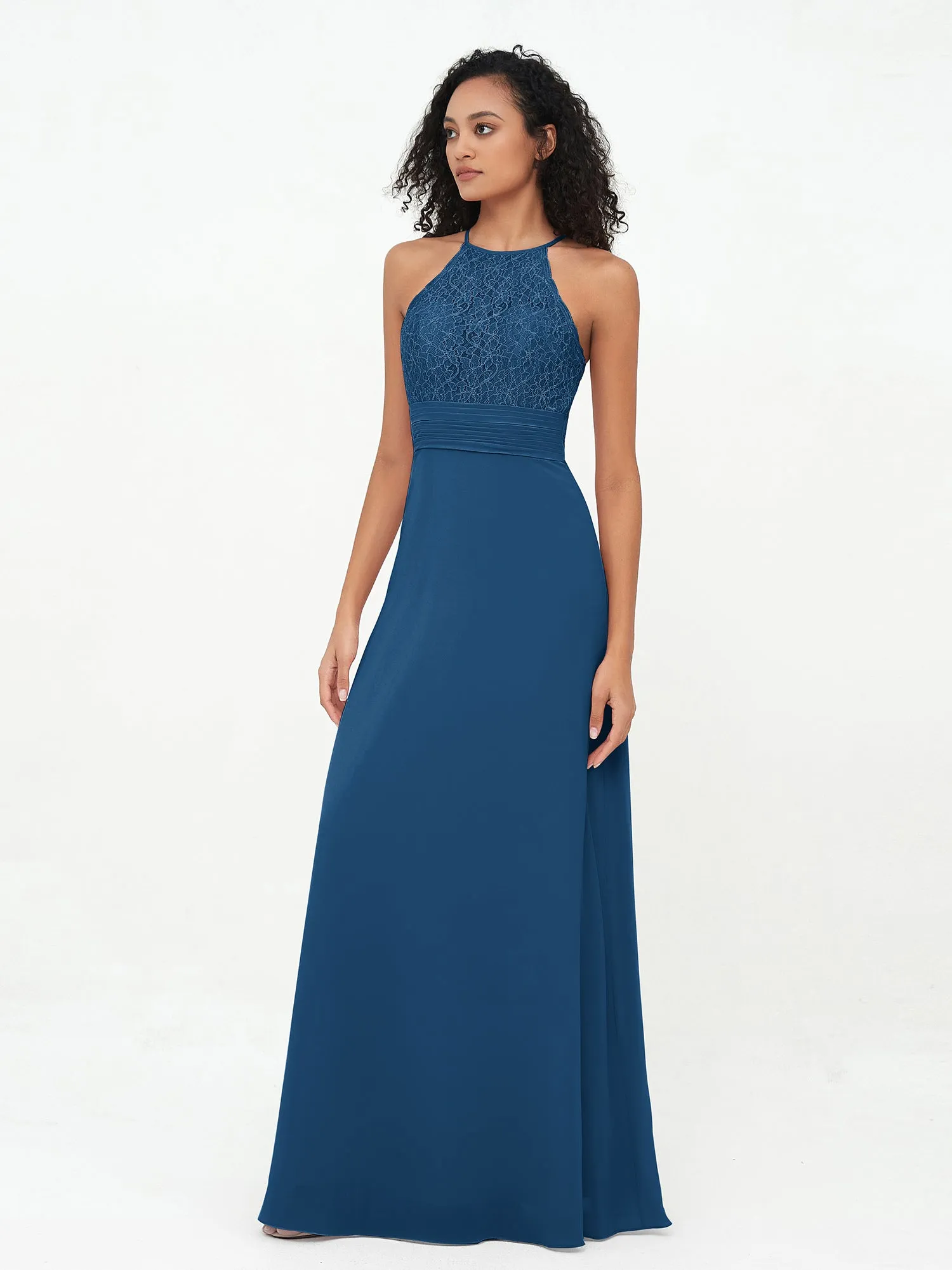 Halter Lace Top and Chiffon Open Back Dresses Ink Blue Plus Size