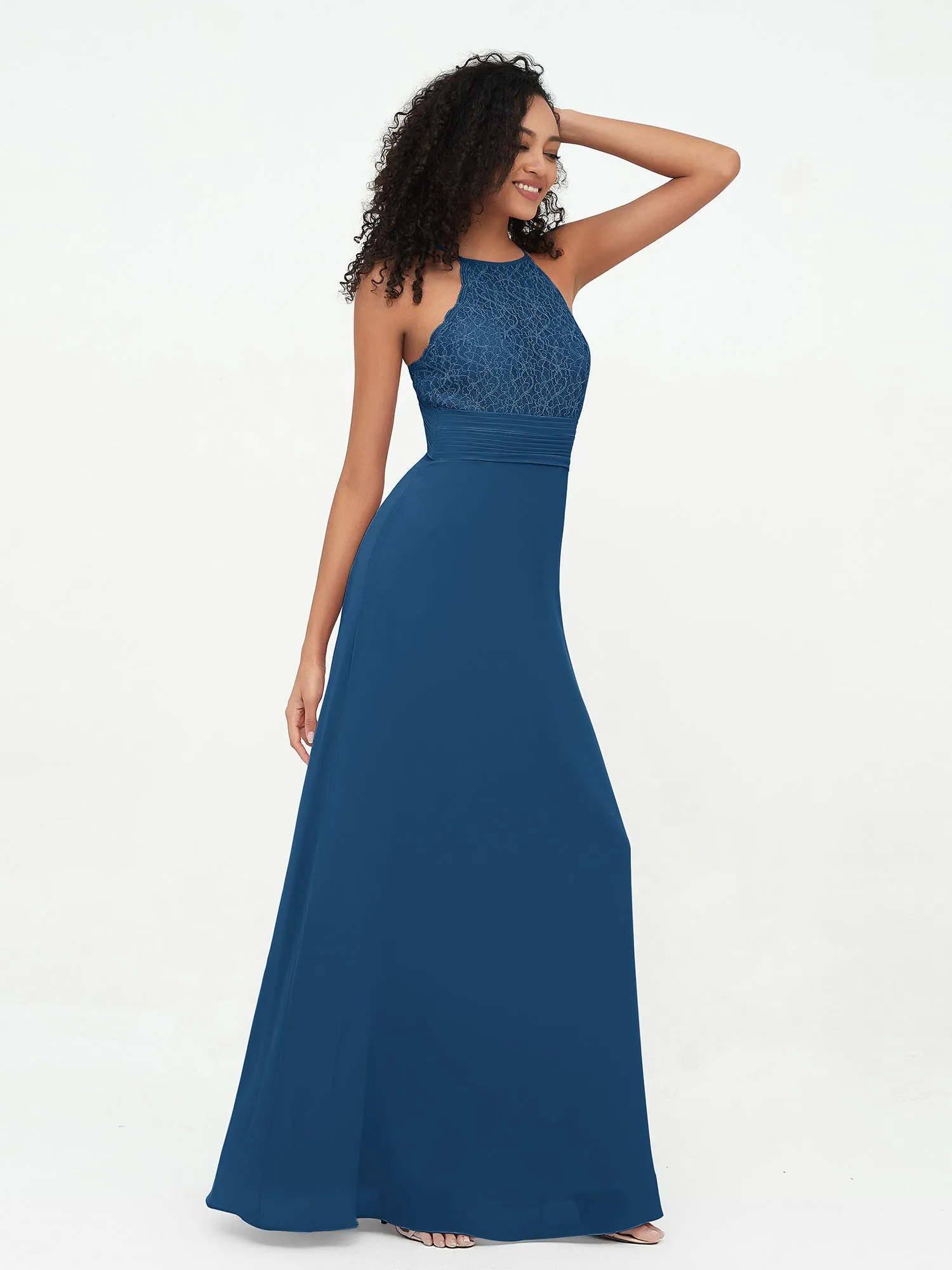 Halter Lace Top and Chiffon Open Back Dresses Ink Blue Plus Size