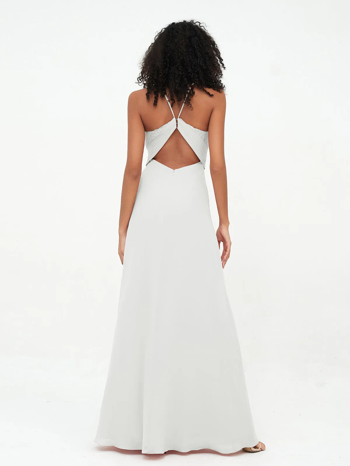 Halter Lace Top and Chiffon Open Back Dresses Ivory Plus Size