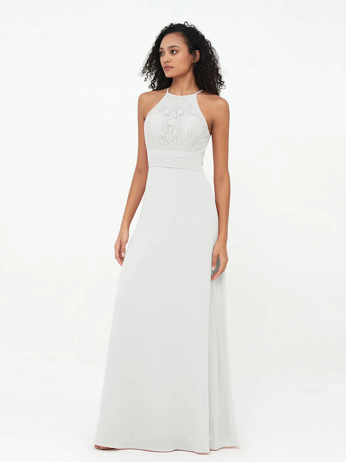Halter Lace Top and Chiffon Open Back Dresses Ivory Plus Size