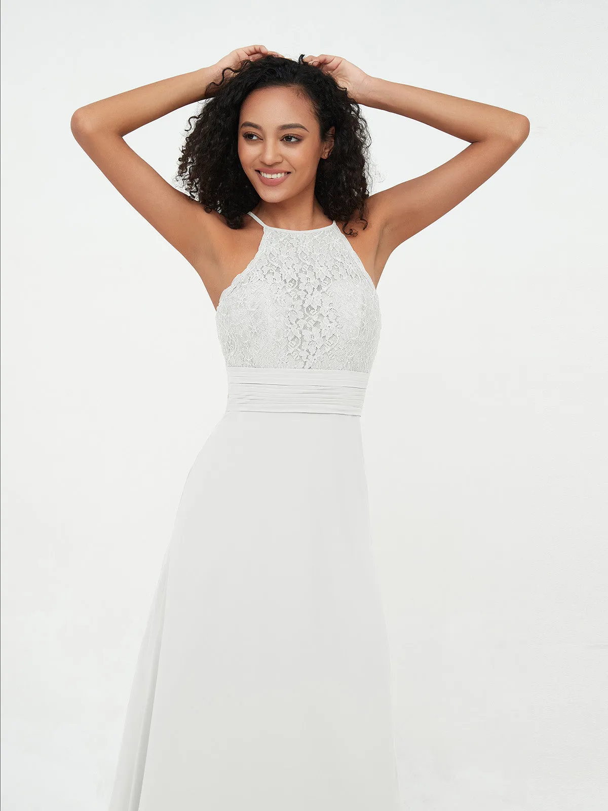 Halter Lace Top and Chiffon Open Back Dresses Ivory Plus Size