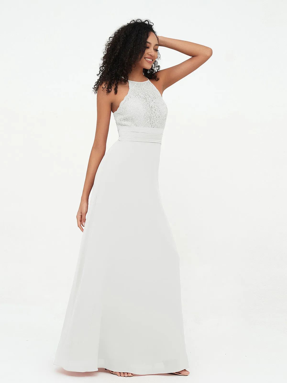 Halter Lace Top and Chiffon Open Back Dresses Ivory Plus Size