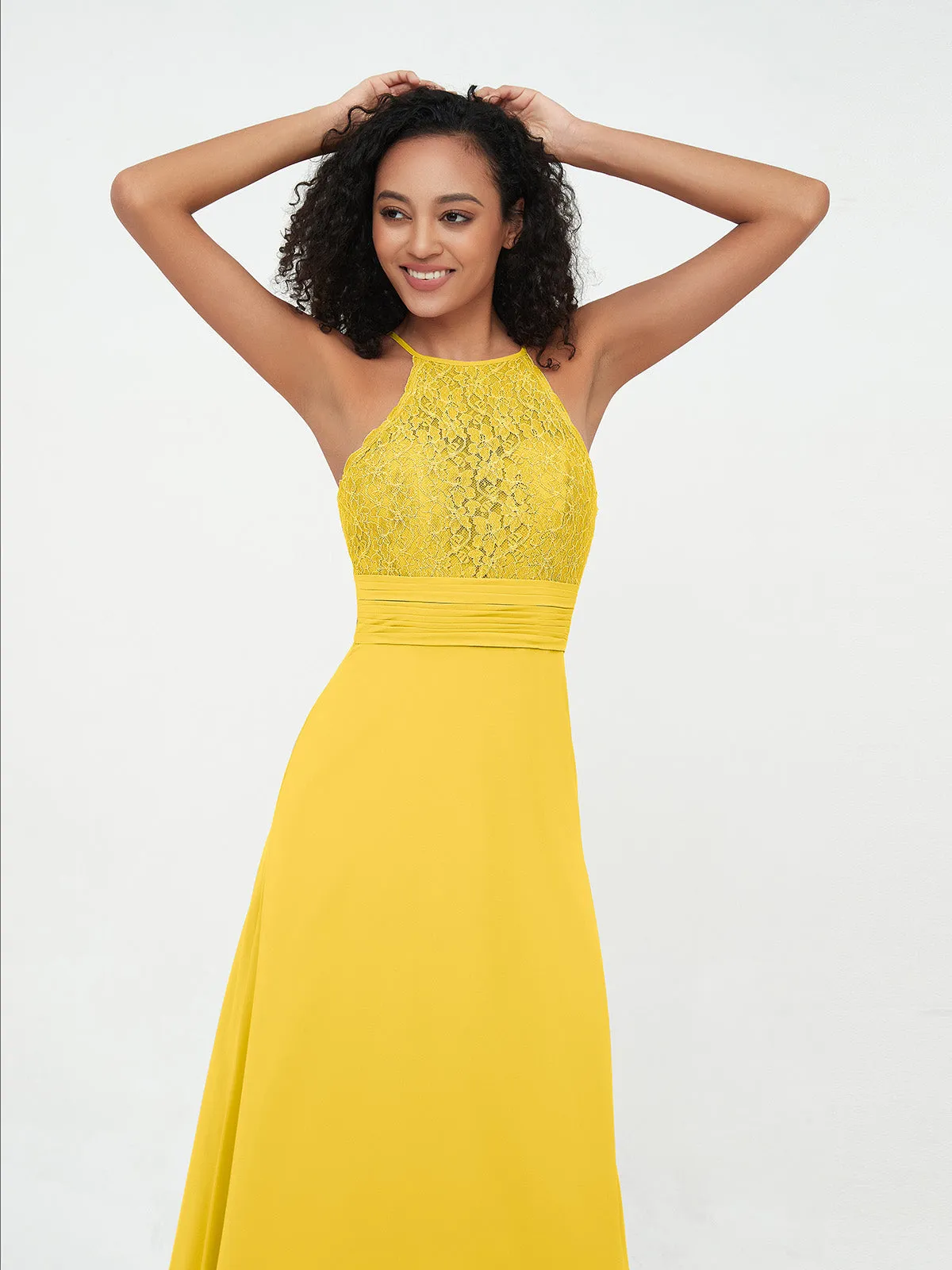 Halter Lace Top and Chiffon Open Back Dresses Marigold Plus Size
