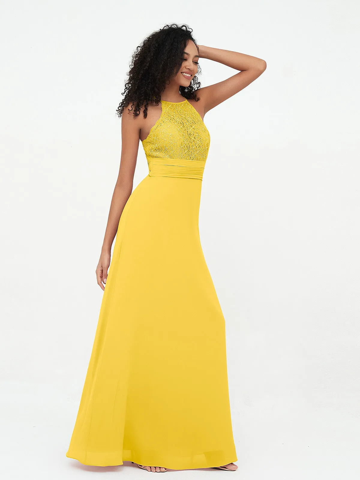 Halter Lace Top and Chiffon Open Back Dresses Marigold Plus Size