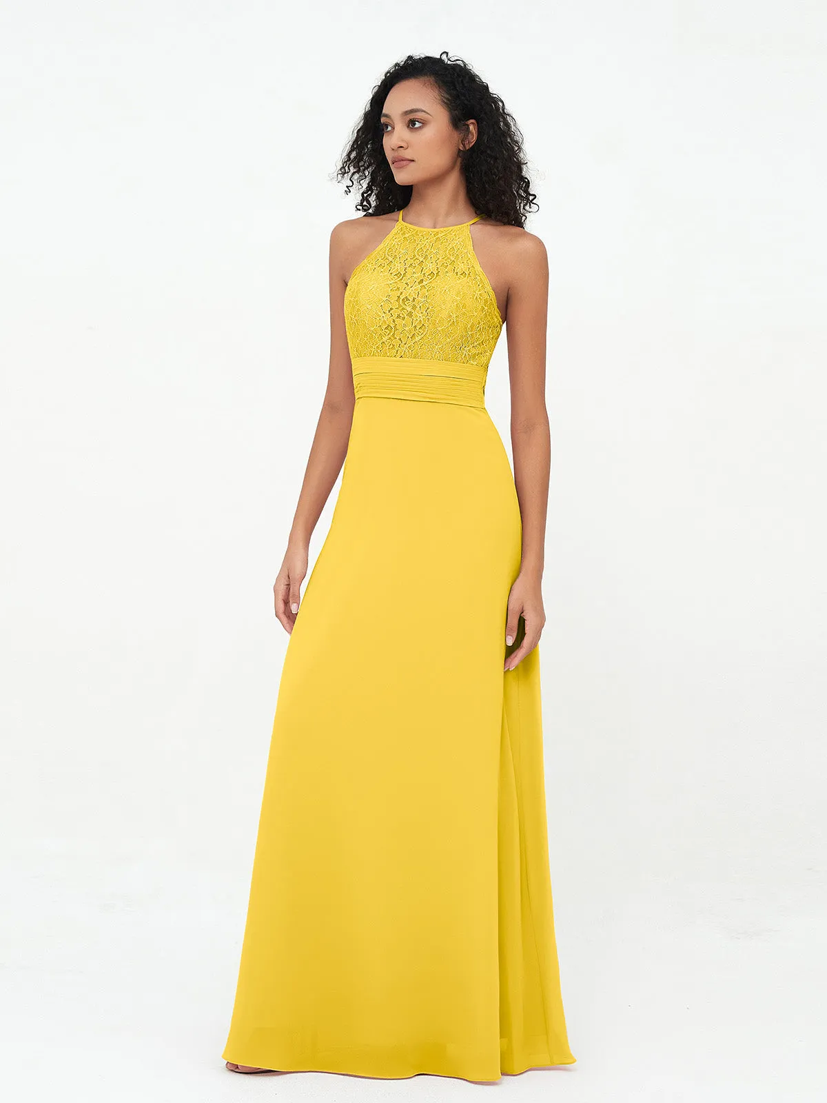 Halter Lace Top and Chiffon Open Back Dresses Marigold Plus Size
