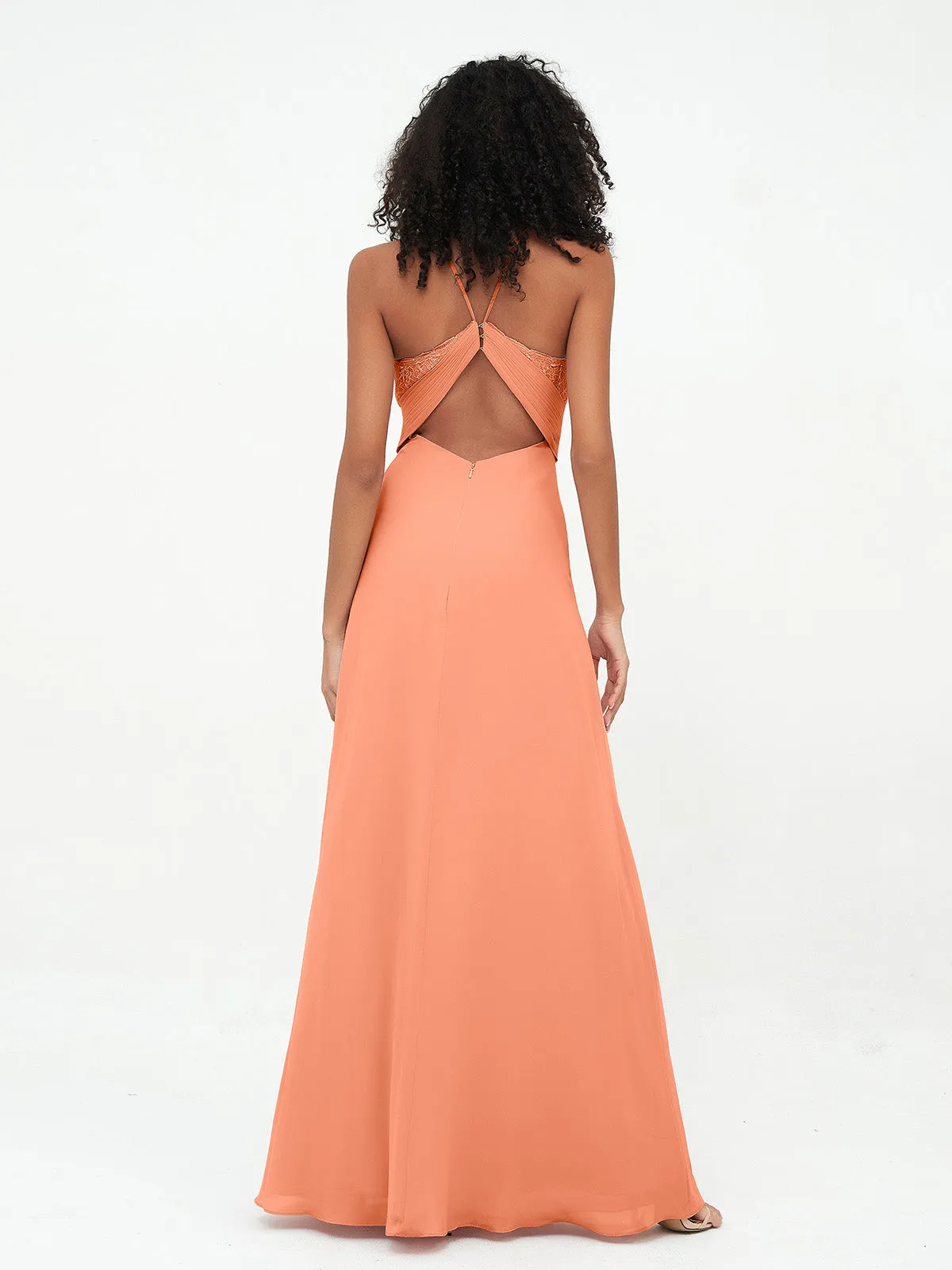 Halter Lace Top and Chiffon Open Back Dresses Papaya Plus Size
