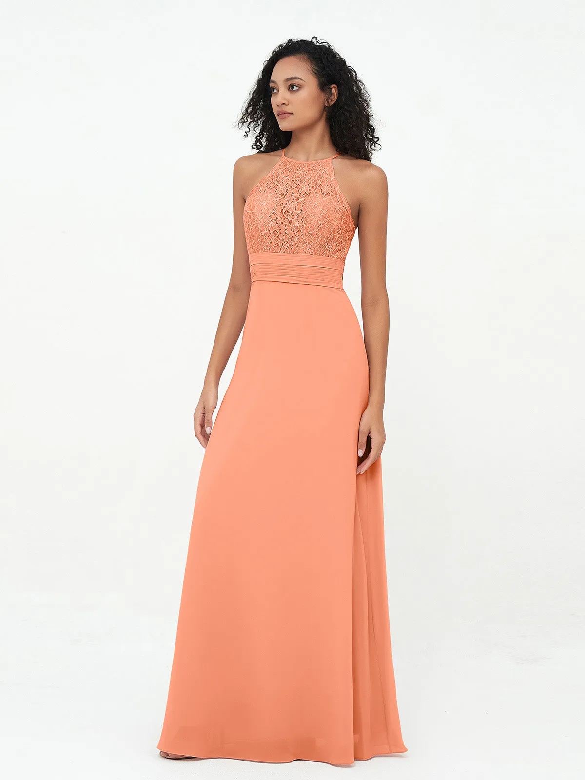Halter Lace Top and Chiffon Open Back Dresses Papaya Plus Size