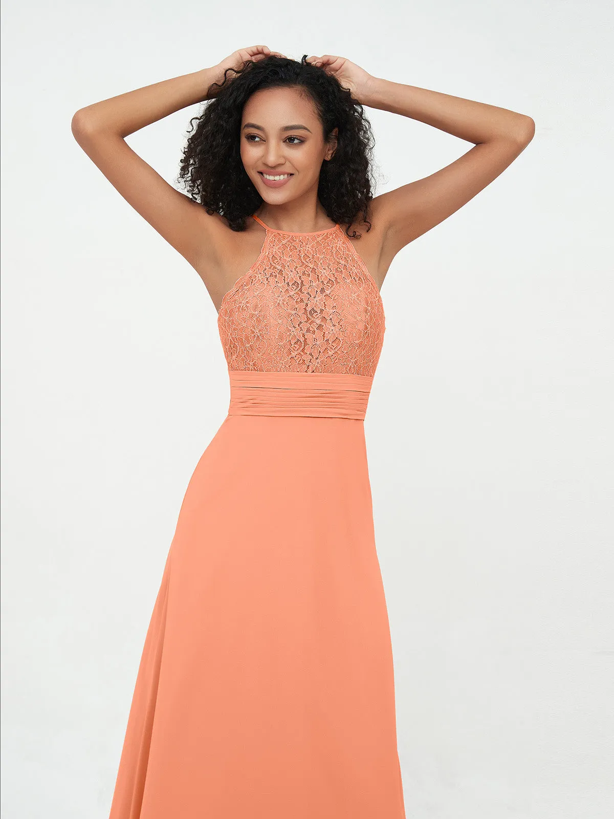 Halter Lace Top and Chiffon Open Back Dresses Papaya Plus Size