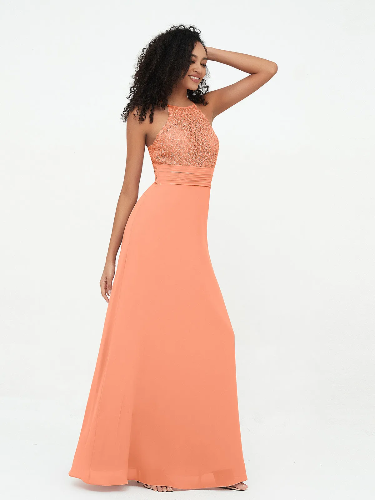 Halter Lace Top and Chiffon Open Back Dresses Papaya Plus Size
