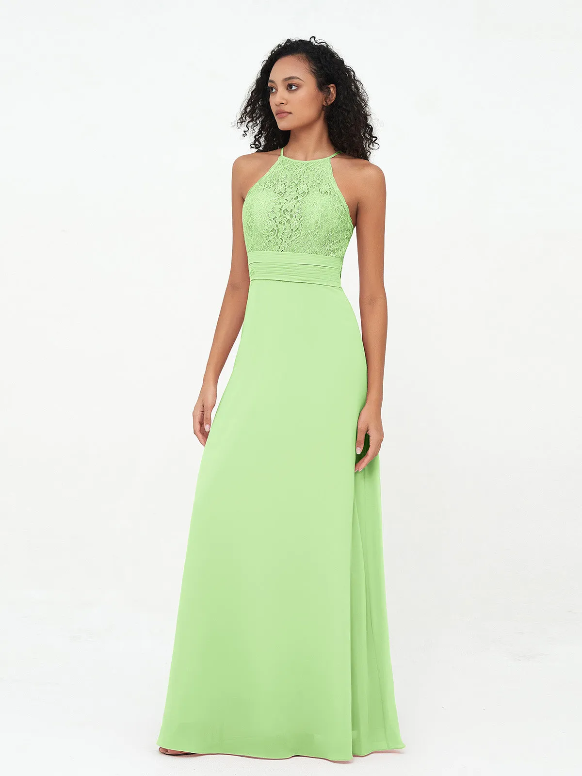 Halter Lace Top and Chiffon Open Back Dresses Sage