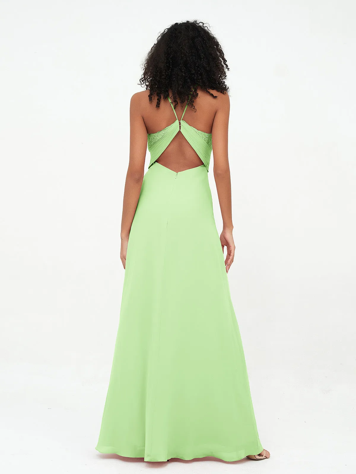 Halter Lace Top and Chiffon Open Back Dresses Sage