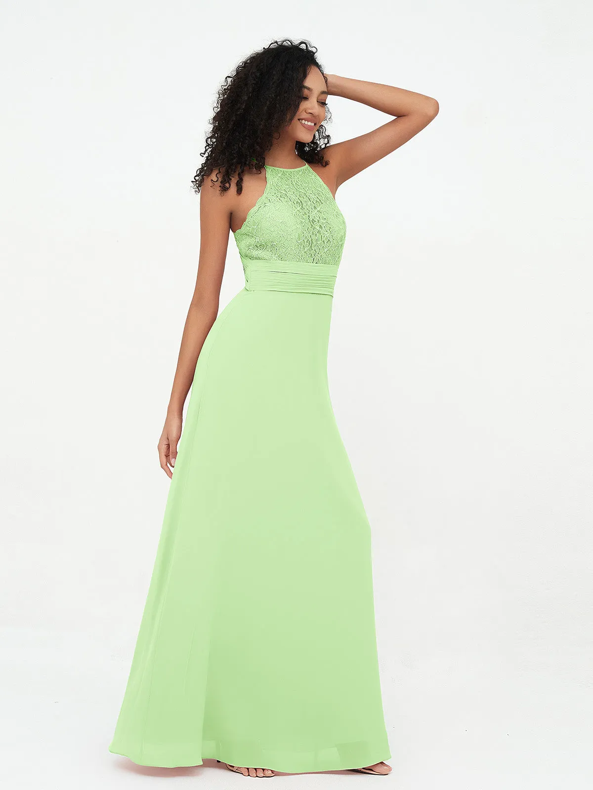 Halter Lace Top and Chiffon Open Back Dresses Sage