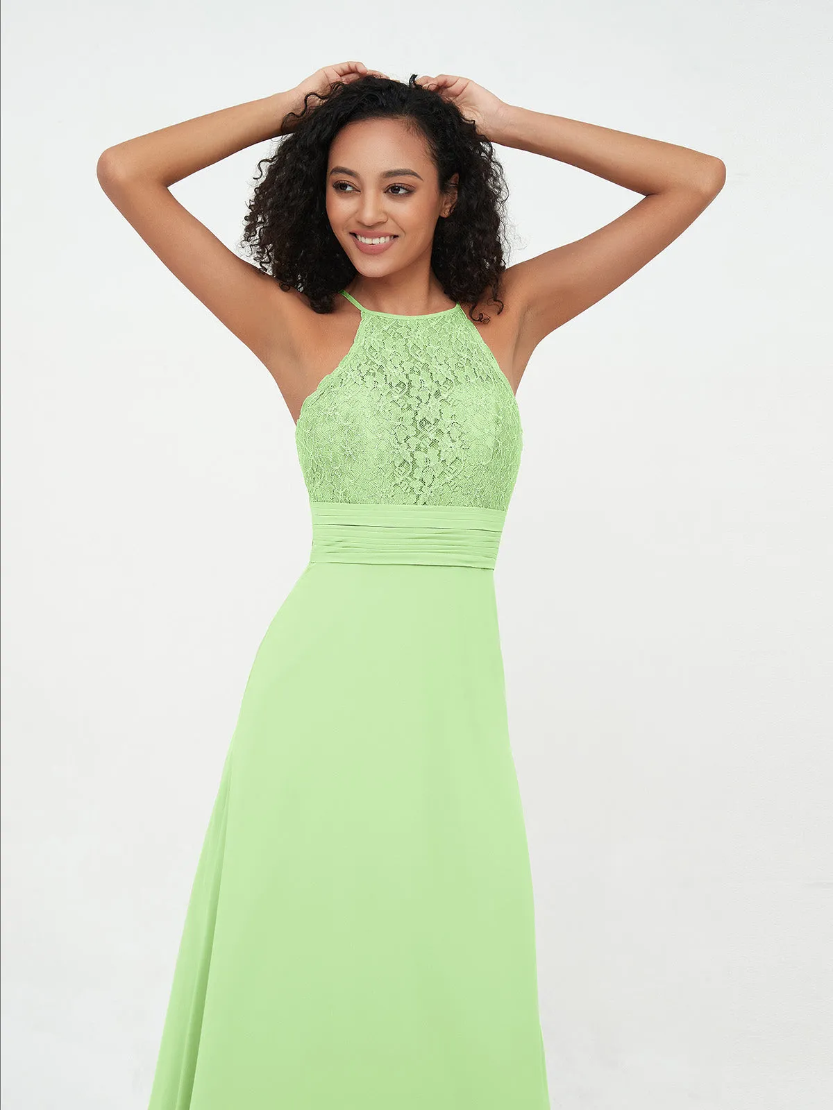Halter Lace Top and Chiffon Open Back Dresses Sage