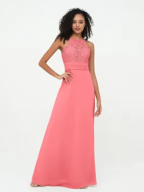 Halter Lace Top and Chiffon Open Back Dresses Watermelon