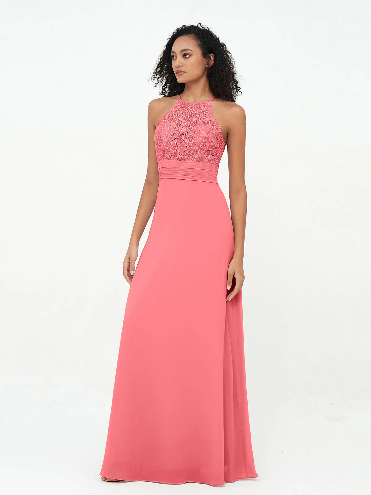 Halter Lace Top and Chiffon Open Back Dresses Watermelon