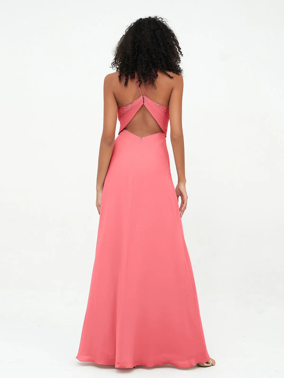 Halter Lace Top and Chiffon Open Back Dresses Watermelon