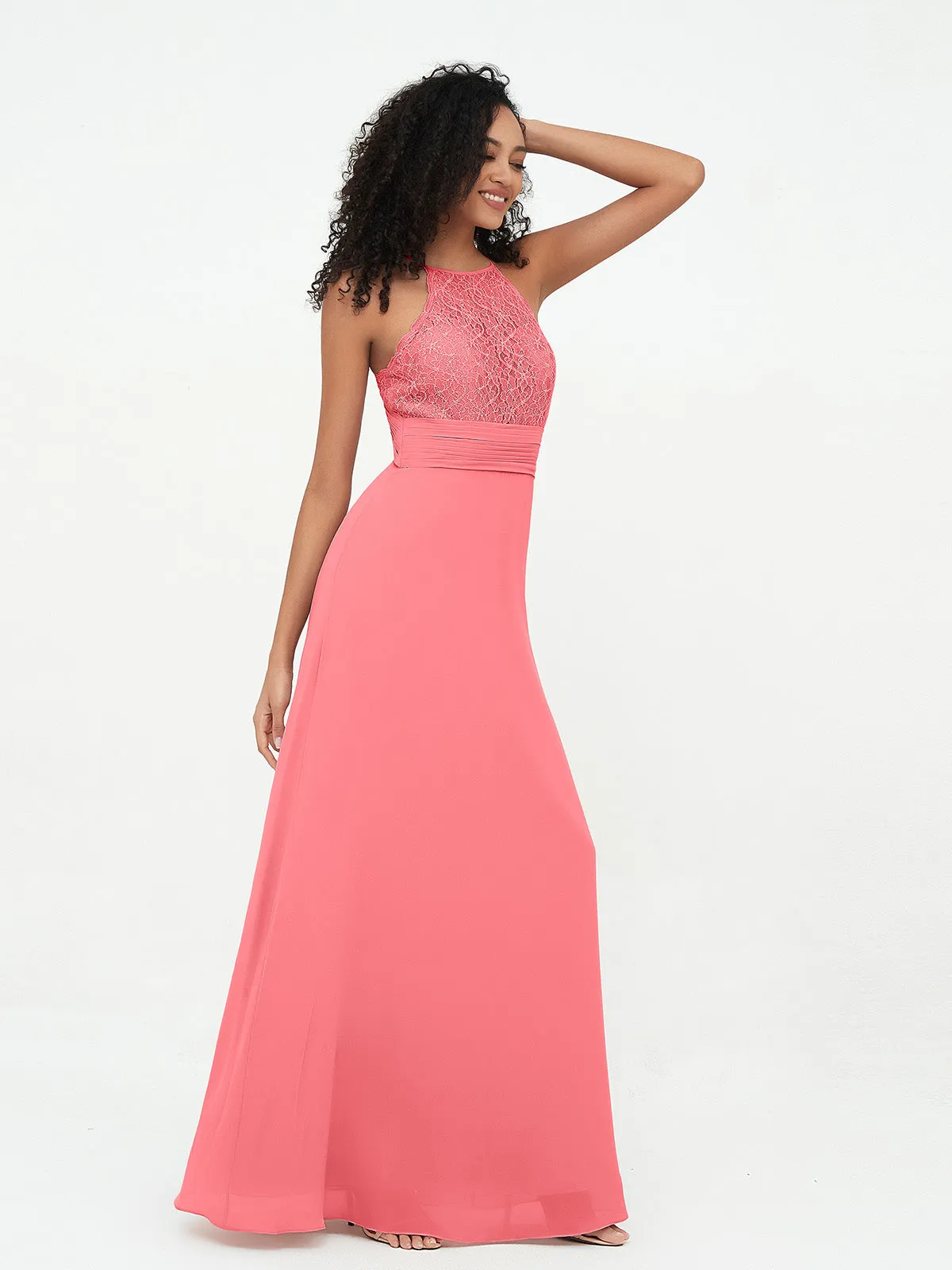 Halter Lace Top and Chiffon Open Back Dresses Watermelon