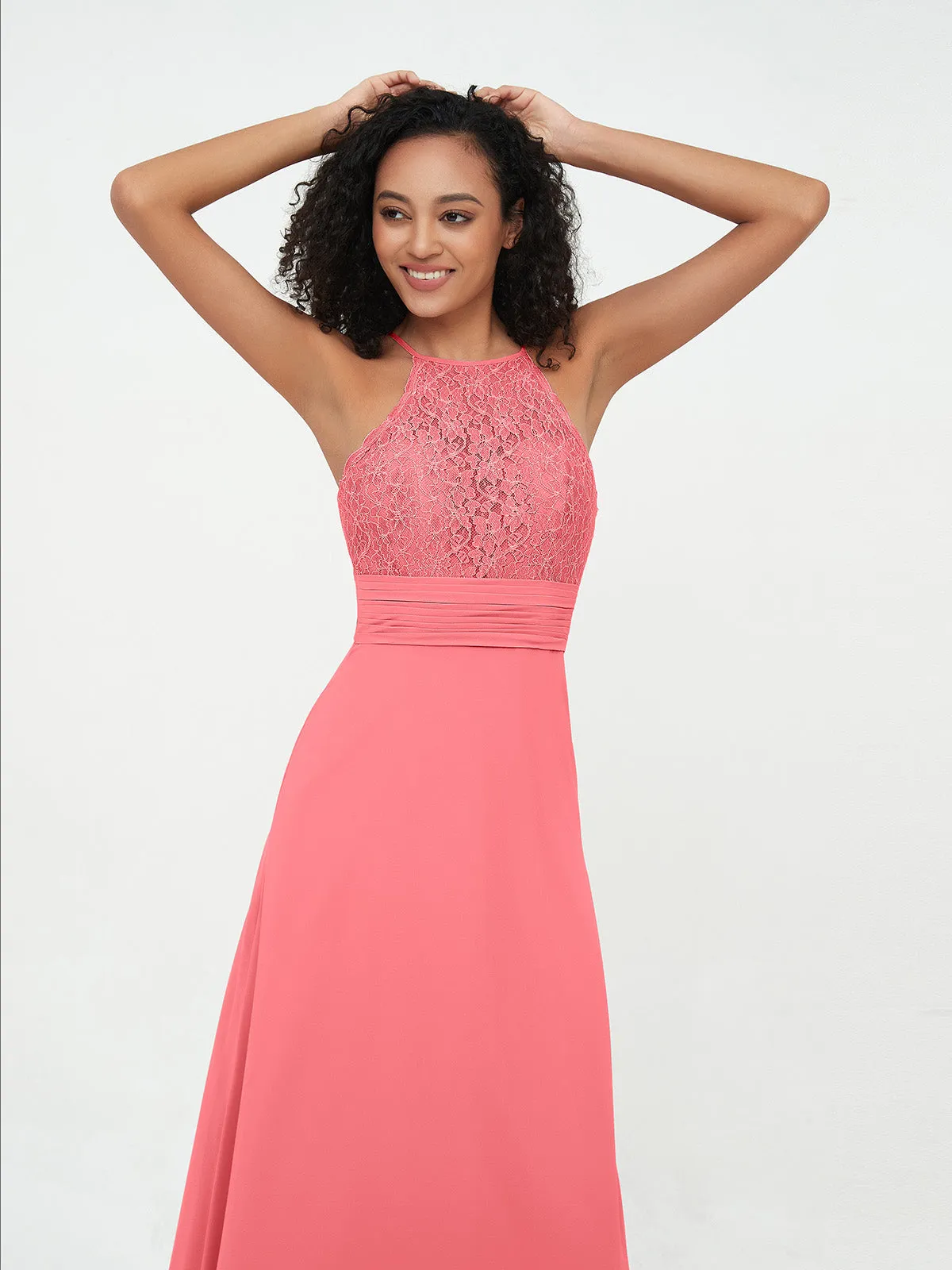 Halter Lace Top and Chiffon Open Back Dresses Watermelon