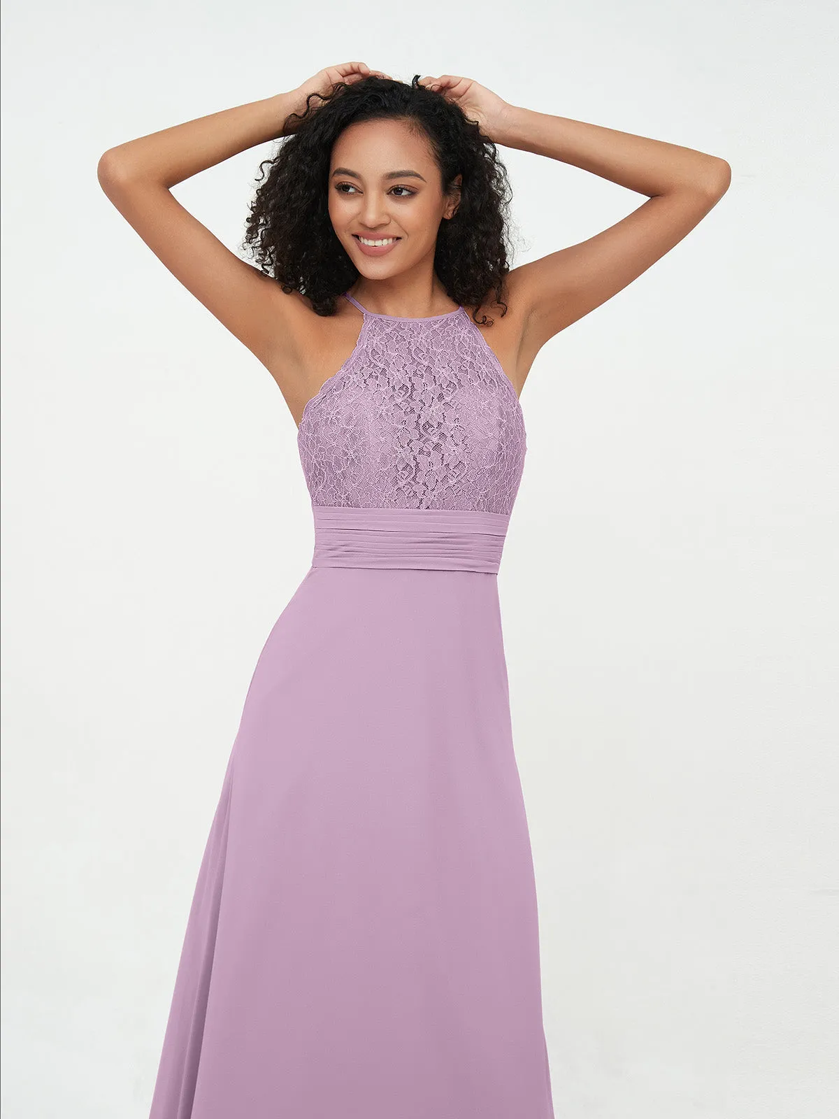 Halter Lace Top and Chiffon Open Back Dresses Wisteria Plus Size