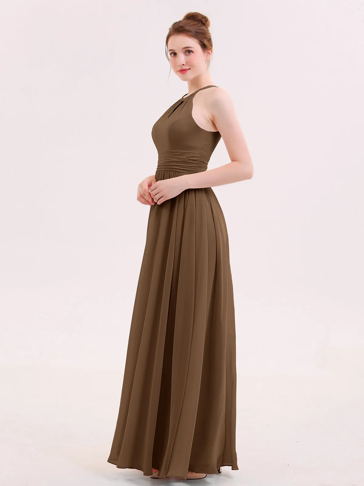 Halter Long Chiffon Dress of Bridesmaids Brown