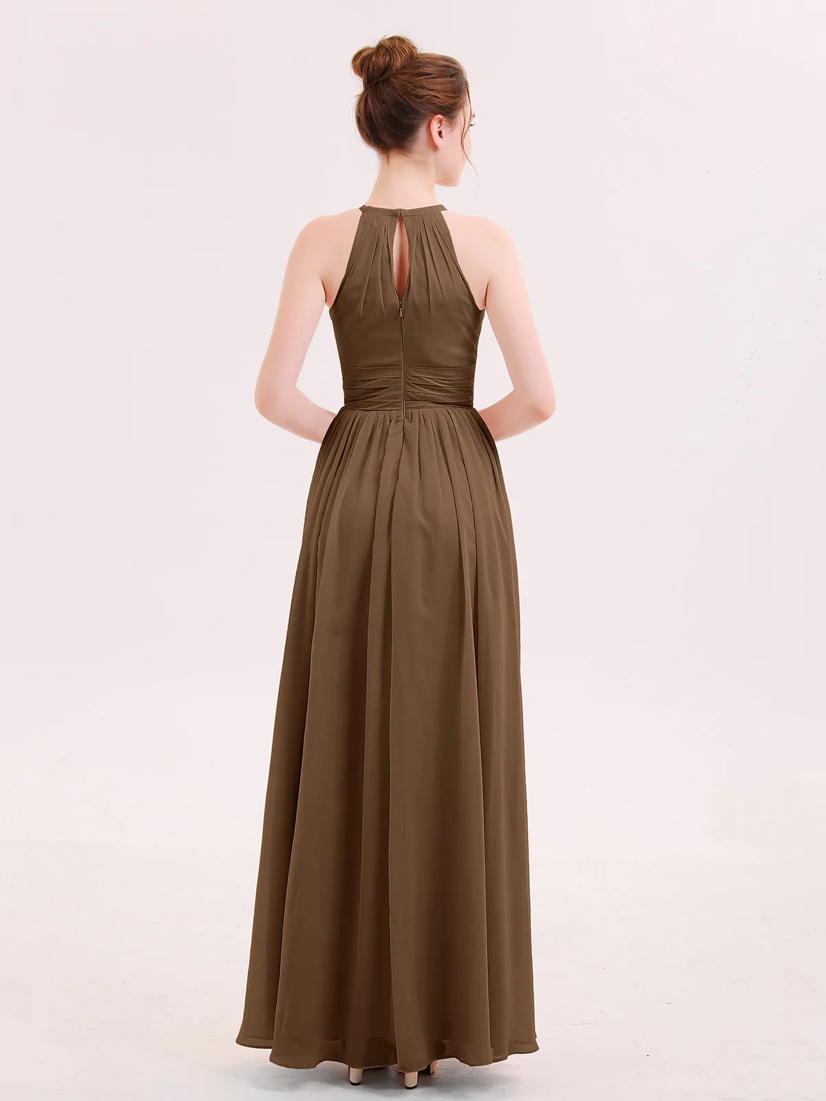 Halter Long Chiffon Dress of Bridesmaids Brown