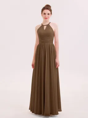 Halter Long Chiffon Dress of Bridesmaids Brown