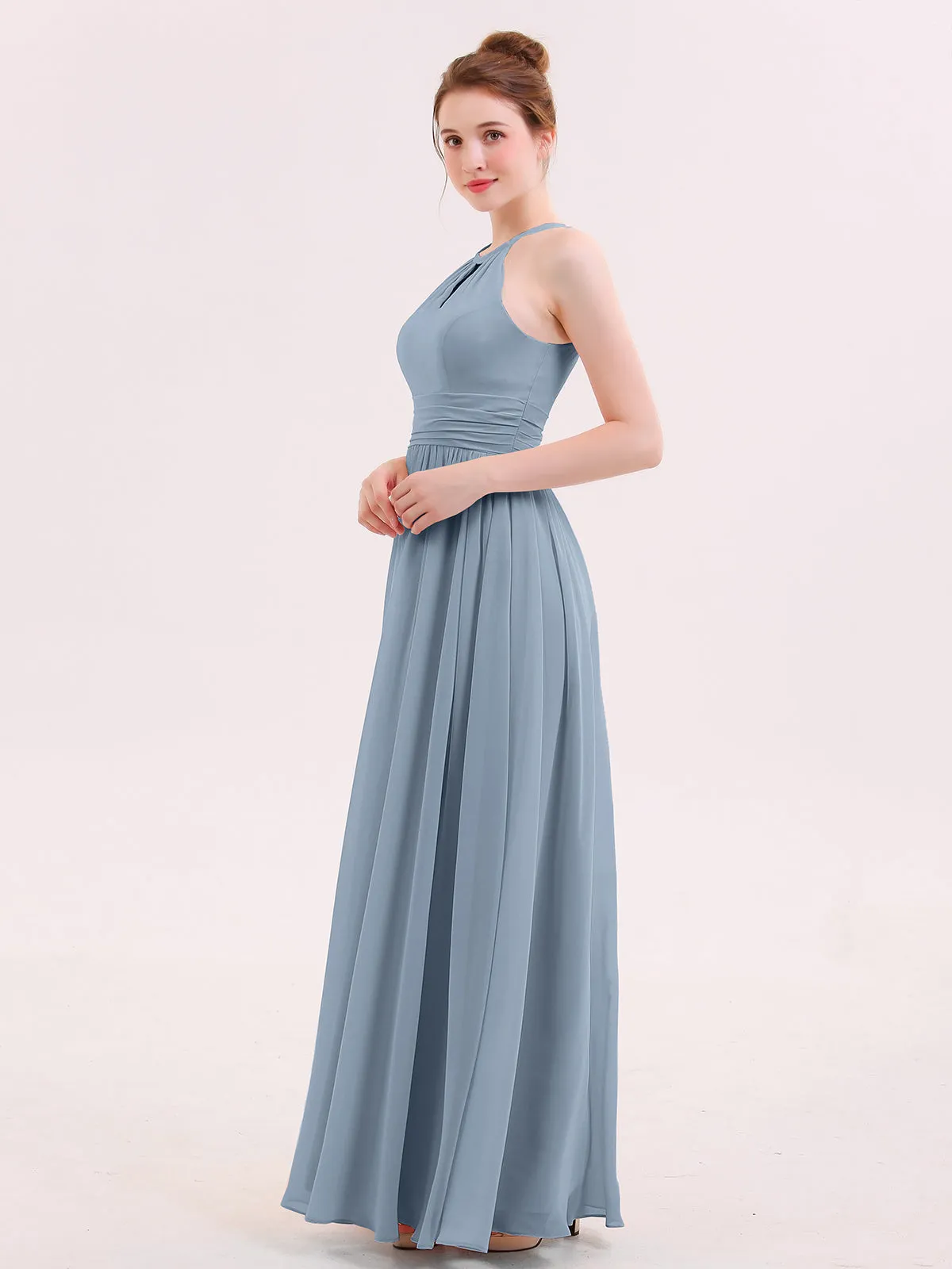 Halter Long Chiffon Dress of Bridesmaids Dusty Blue Plus Size