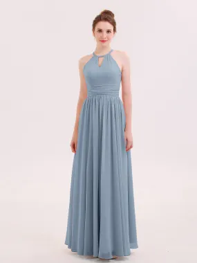 Halter Long Chiffon Dress of Bridesmaids Dusty Blue Plus Size