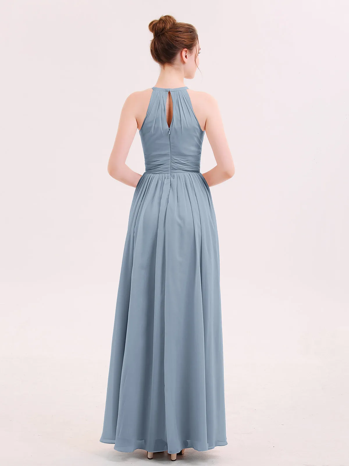 Halter Long Chiffon Dress of Bridesmaids Dusty Blue Plus Size