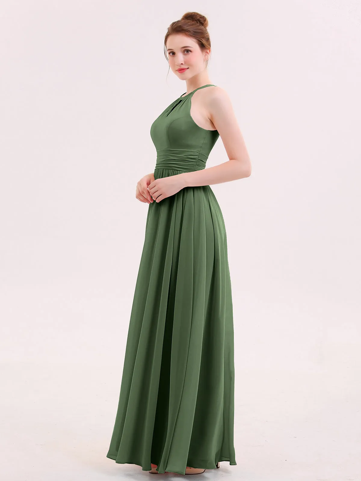 Halter Long Chiffon Dress of Bridesmaids Olive Green Plus Size