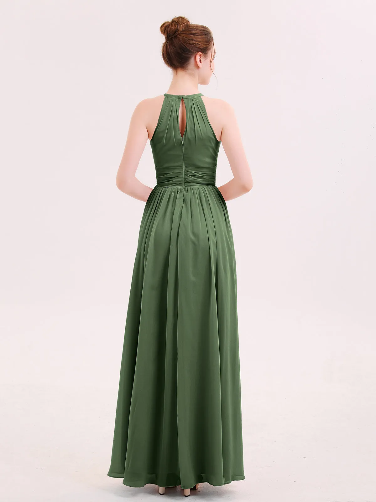 Halter Long Chiffon Dress of Bridesmaids Olive Green Plus Size
