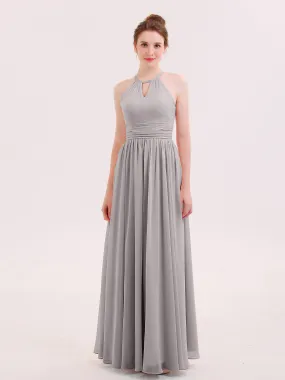 Halter Long Chiffon Dress of Bridesmaids Silver Plus Size