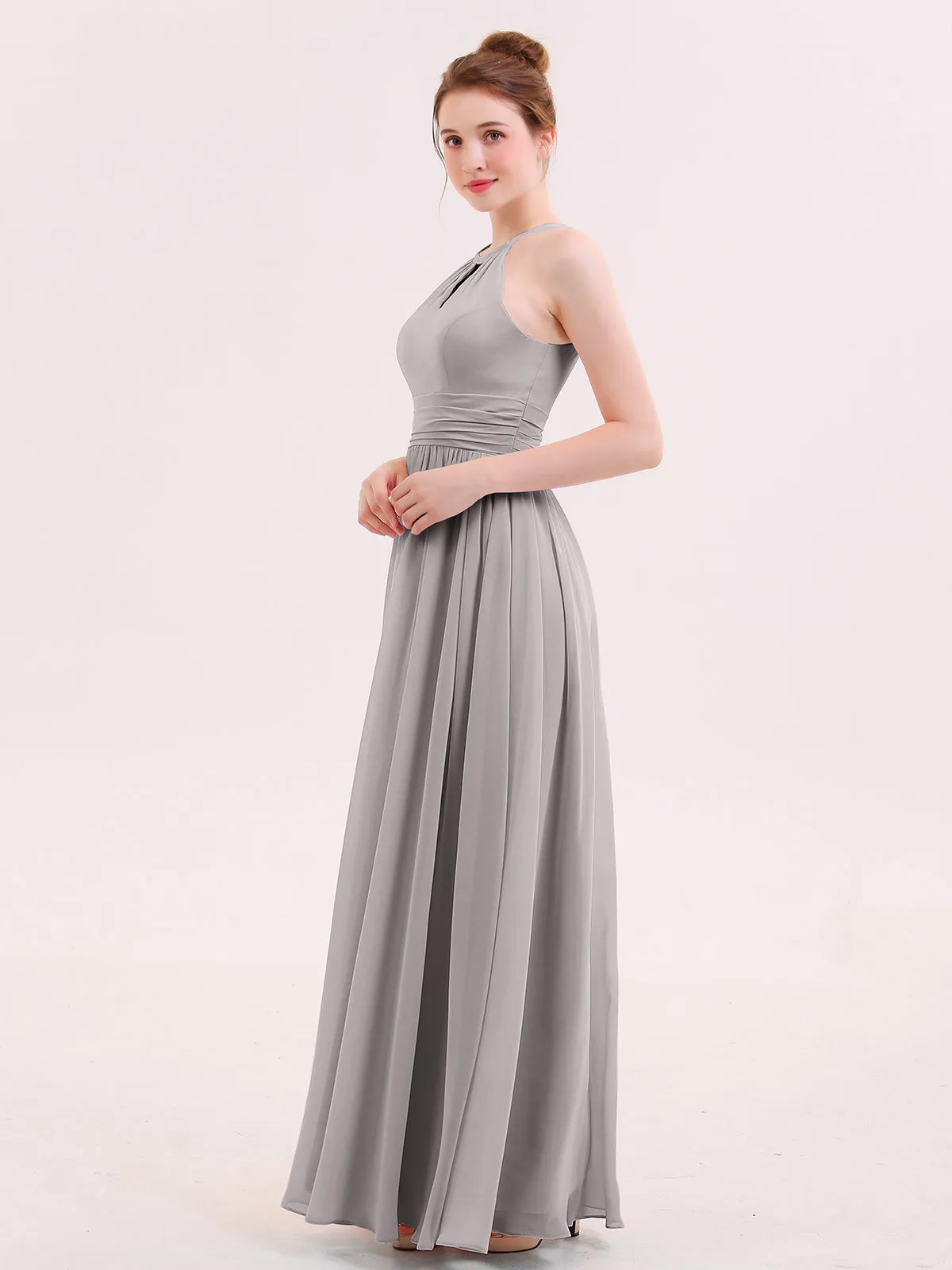 Halter Long Chiffon Dress of Bridesmaids Silver Plus Size