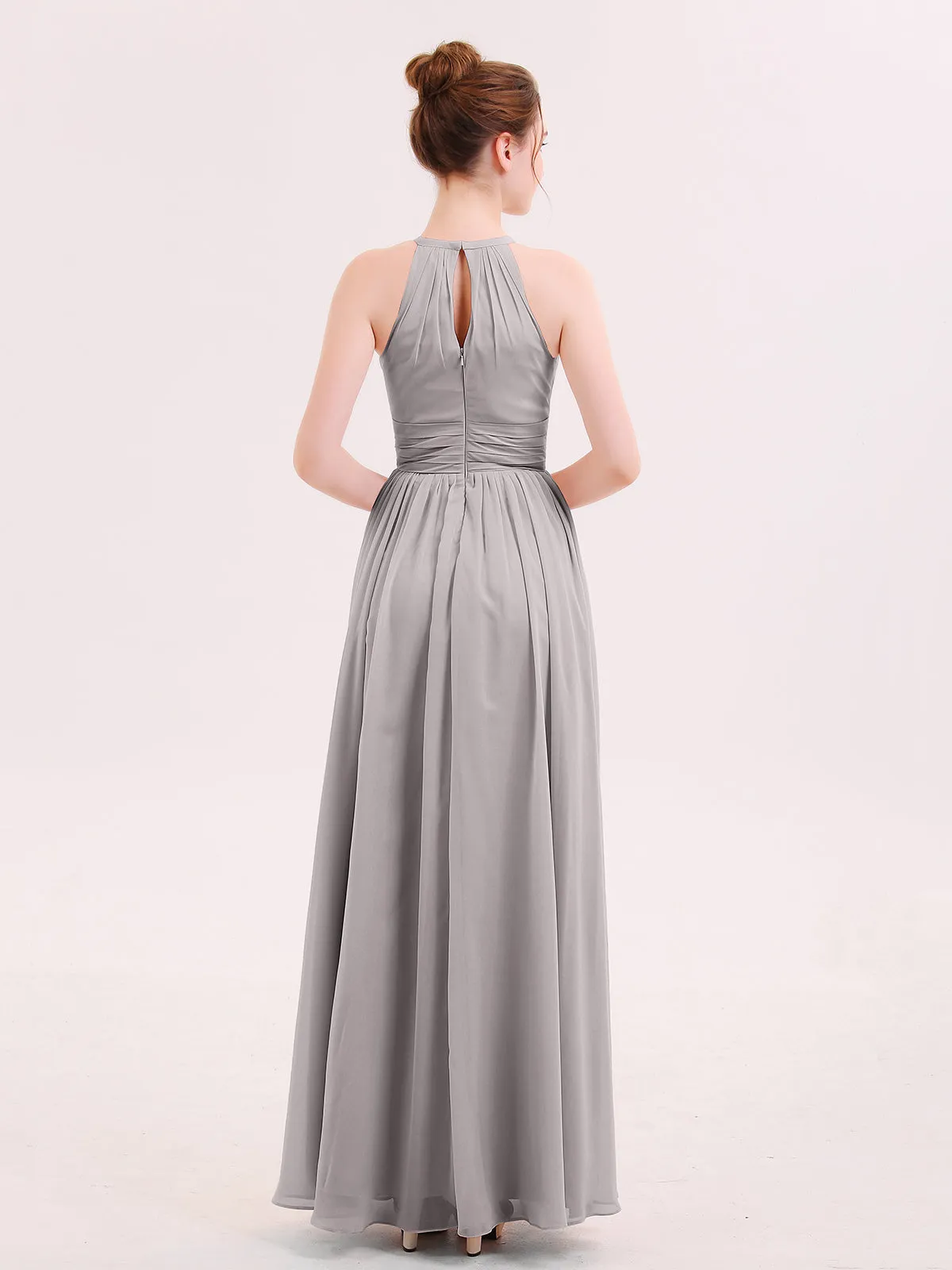 Halter Long Chiffon Dress of Bridesmaids Silver Plus Size