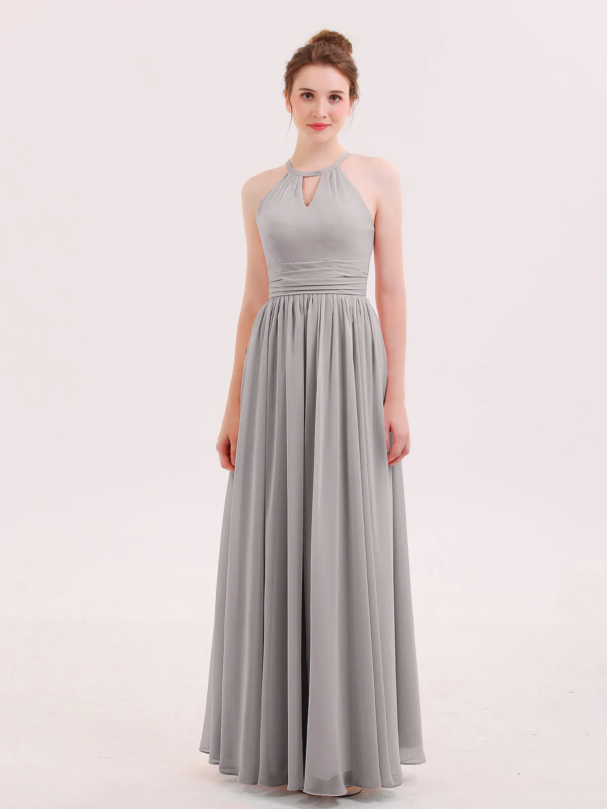 Halter Long Chiffon Dress of Bridesmaids Silver Plus Size