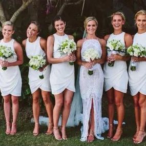 Halter Neck Light Blue Knee Length Fitted Short Bridesmaid Dresses