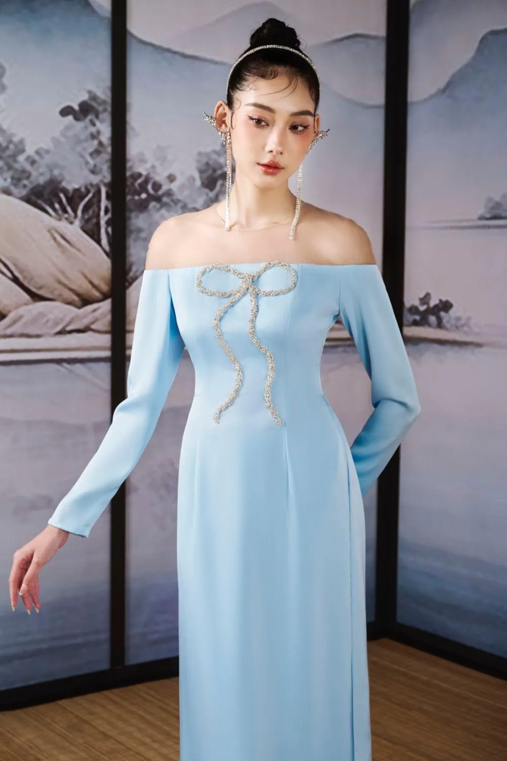 Hi Van A-line Off-Shoulder Silk Satin Ankle Length Set