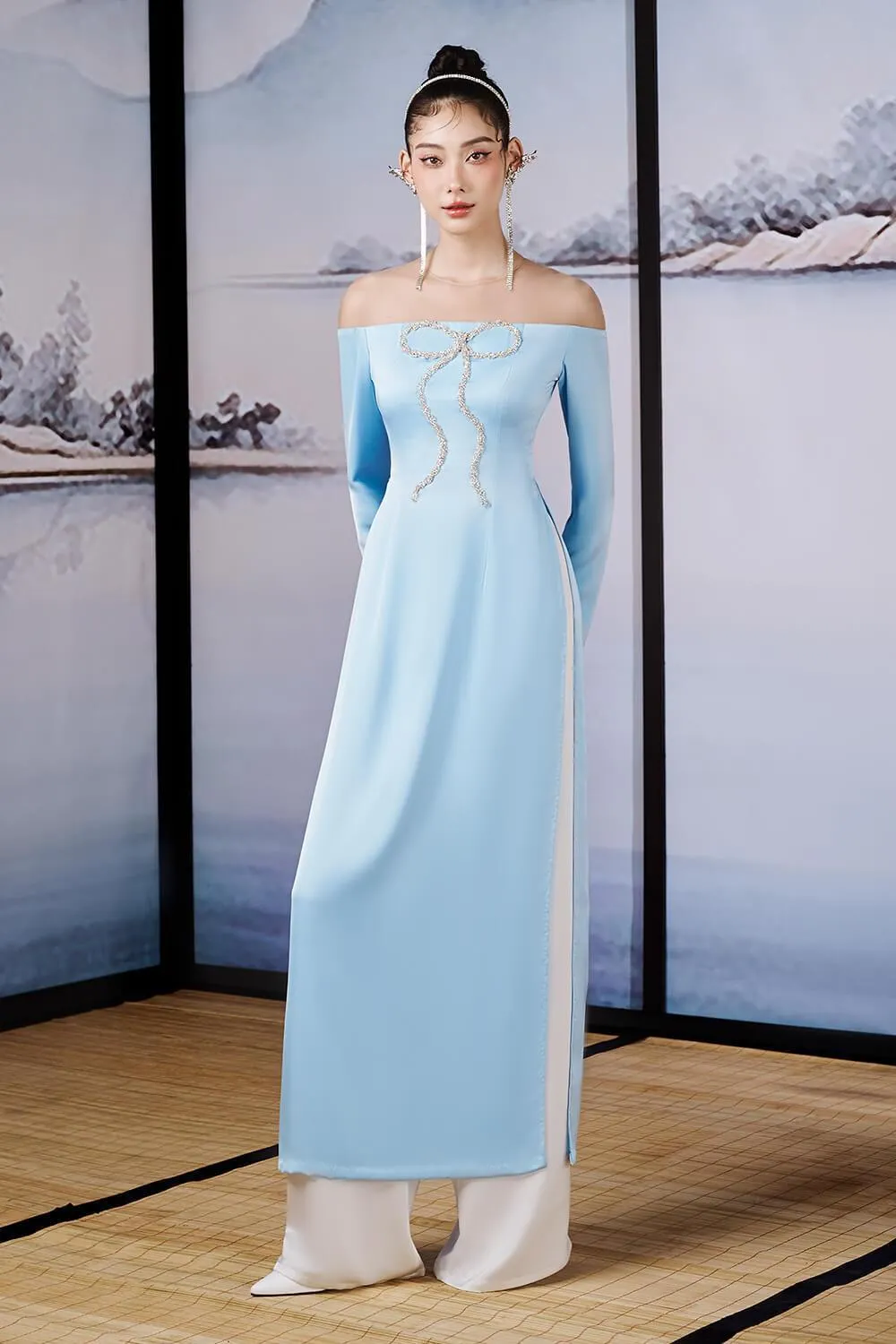 Hi Van A-line Off-Shoulder Silk Satin Ankle Length Set