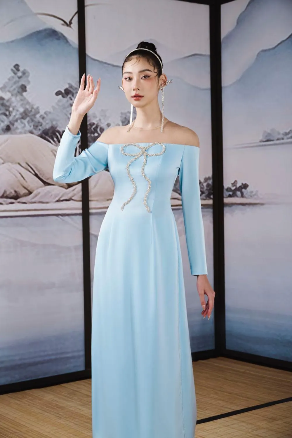 Hi Van A-line Off-Shoulder Silk Satin Ankle Length Set