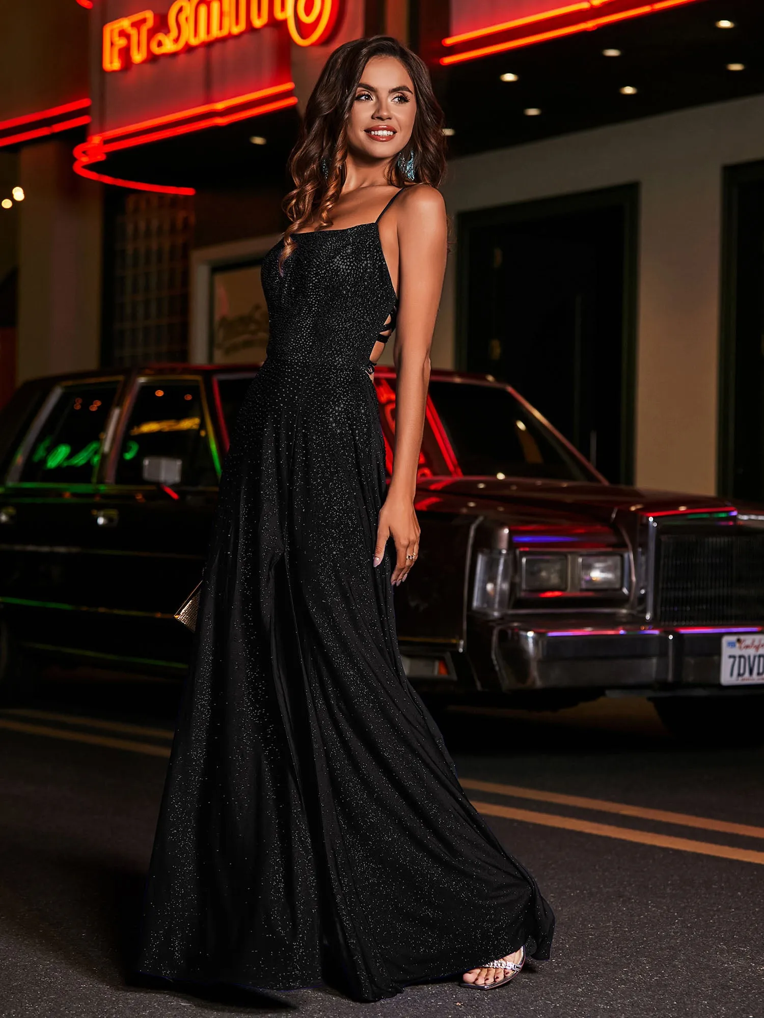 High Slit Lace Up Back Beaded Gown Black