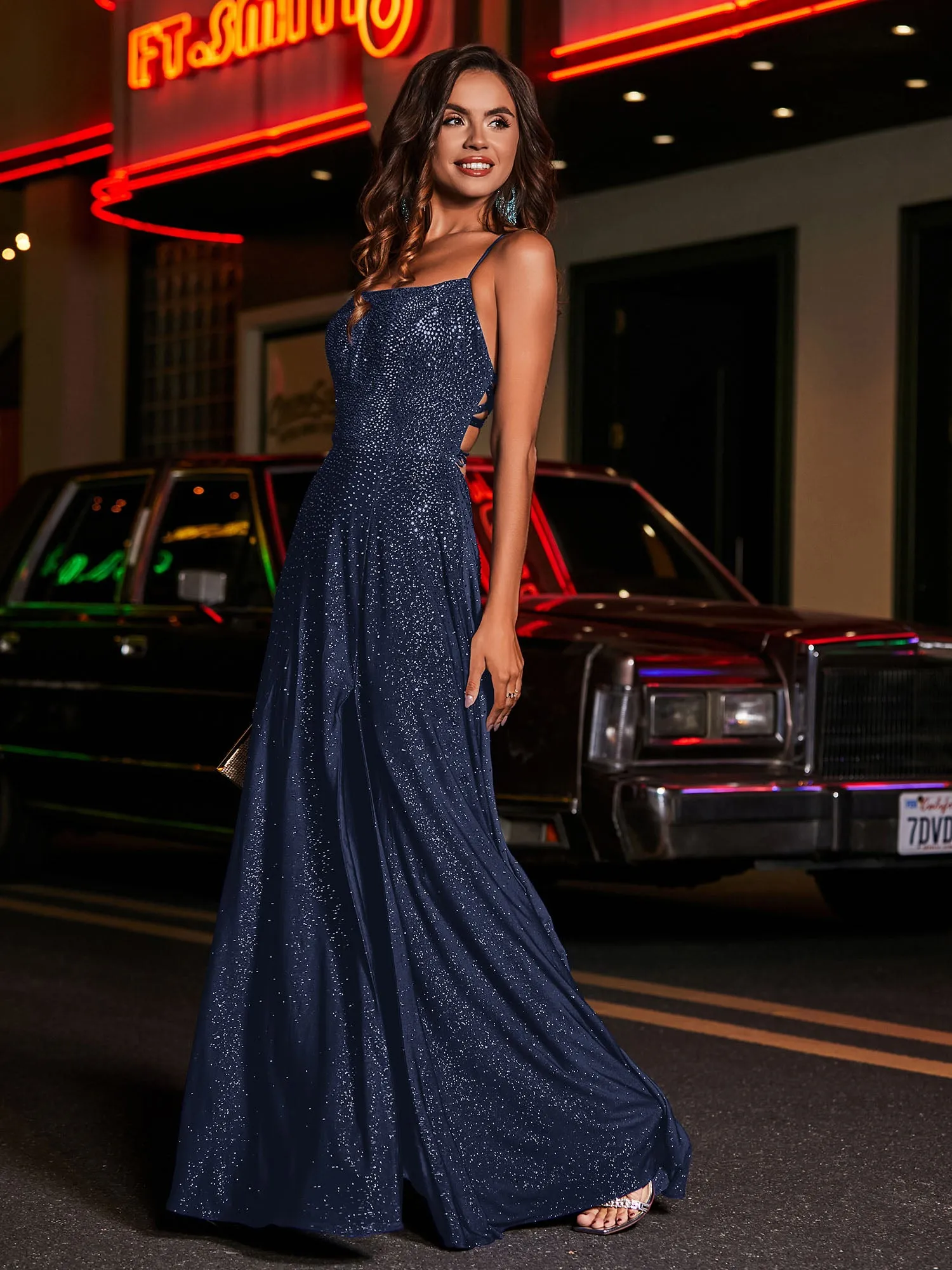 High Slit Lace Up Back Beaded Gown Dark Navy