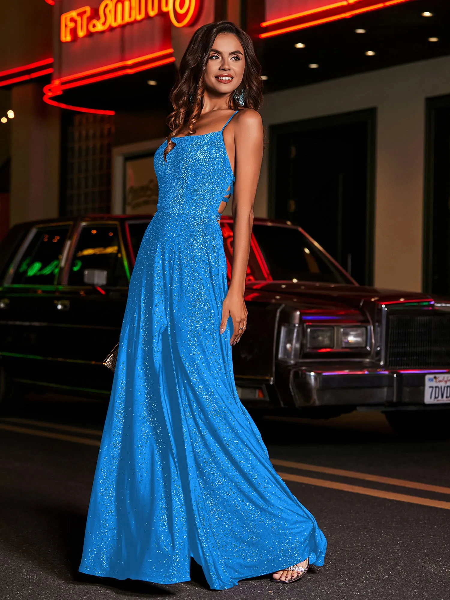 High Slit Lace Up Back Beaded Gown Ocean Blue